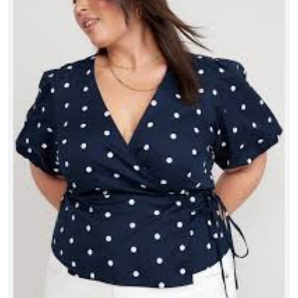 Old Navy Defined Waist Tie Wrap Top V-Neck Blue Polka Dot Womens XXL Puff Sleeve